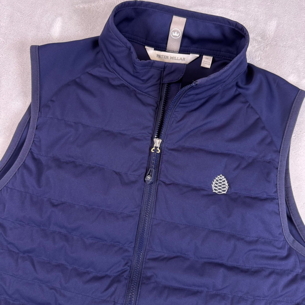 Peter Millar Fuse Elite Navy Quilted Hybrid Vest Womens Medium Pinecone Logo